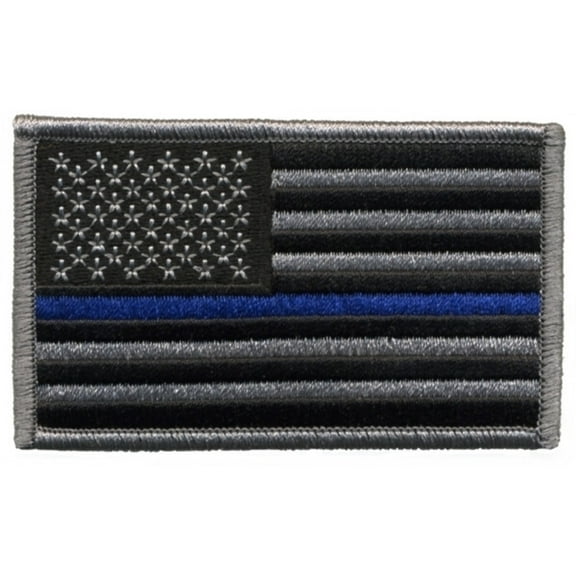 Hero's Pride U.S. Flag Patch with Blue Stripe, Hook Back, Grey/Black/Blue, 3-3/8" x 2"