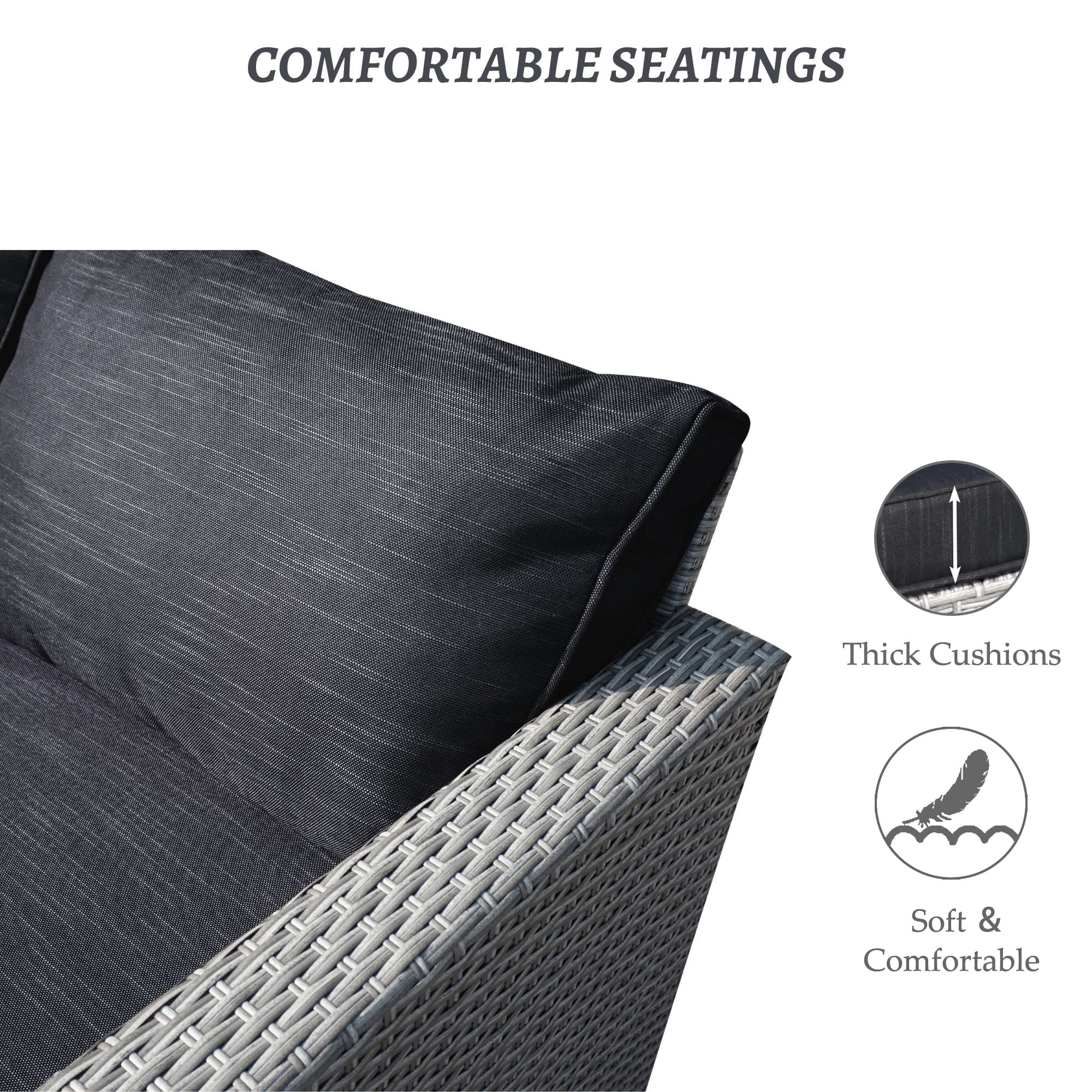 SUNTONE Patio Conversation Sofa Set - 3 Piece All Weather Wicker Outdoor Furniture Set, Gray Rattan & Black Cushions