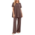 thumbnail image 2 of Costeam Womens Solid Two Piece Co Ord Set Flutter Short Sleeve Tunic Top Wide Leg Long Pants Dual Side Pockets Soft Knit Loose Fit Casual Loungewear Outfit, 2 of 5