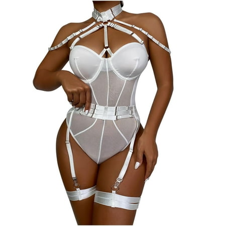 

Fengqque Women s Erotic Siamese Lingerie 2-Piece Set Of Mesh Splicing Straps With Steel Rings With Garter Belt Sexy Set