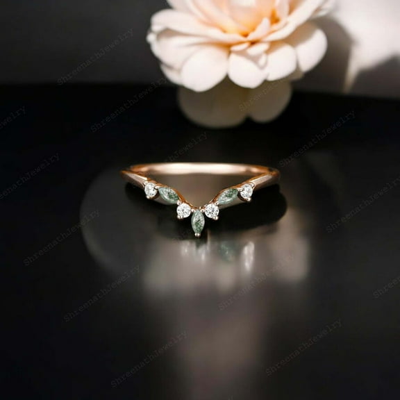 SHREENATHJEWELRY 5x3MM / 2 Ct Marquise Cut Mos Agate Wedding Band CZ Diamond Proposal Band Curved Promise Gift Band Stacking Women Jewelry