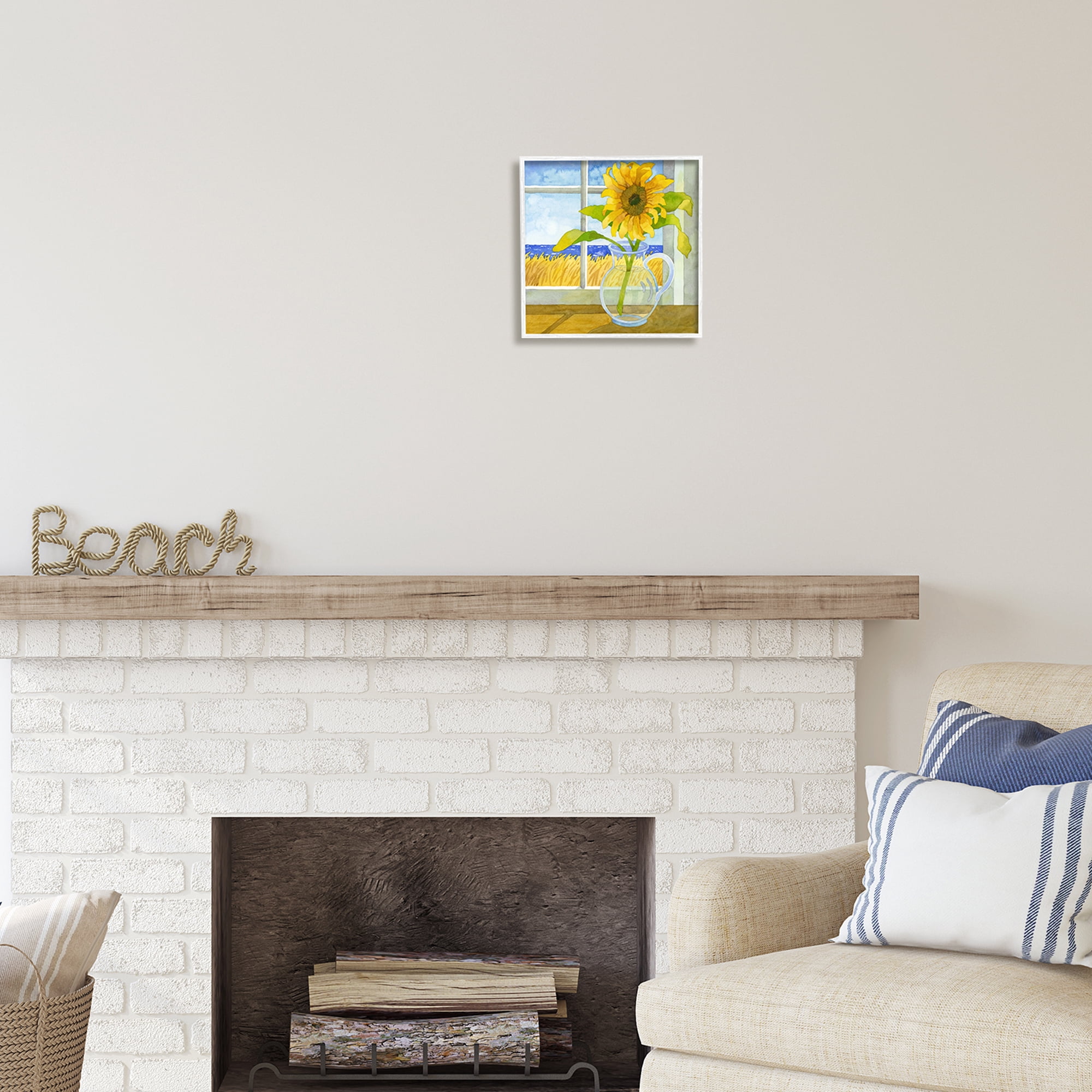 Stupell Industries Sunflower in Coastal Window Botanical & Floral Painting White Framed Art Print Wall Art, 12 x 12