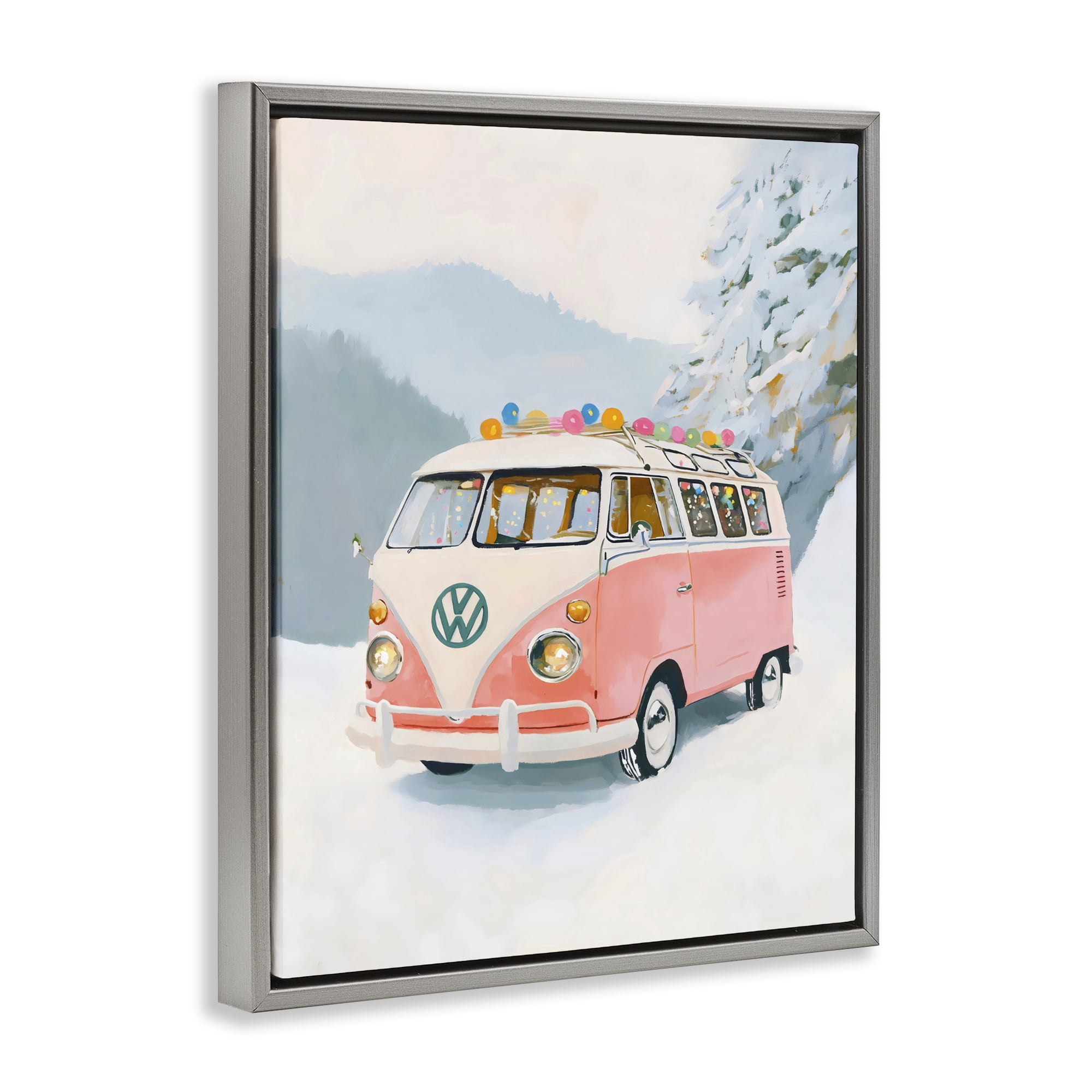 Stupell Industries Pink Christmas Van in Snow Gray Framed Floater Canvas Wall Art, design by The Prints Vibe