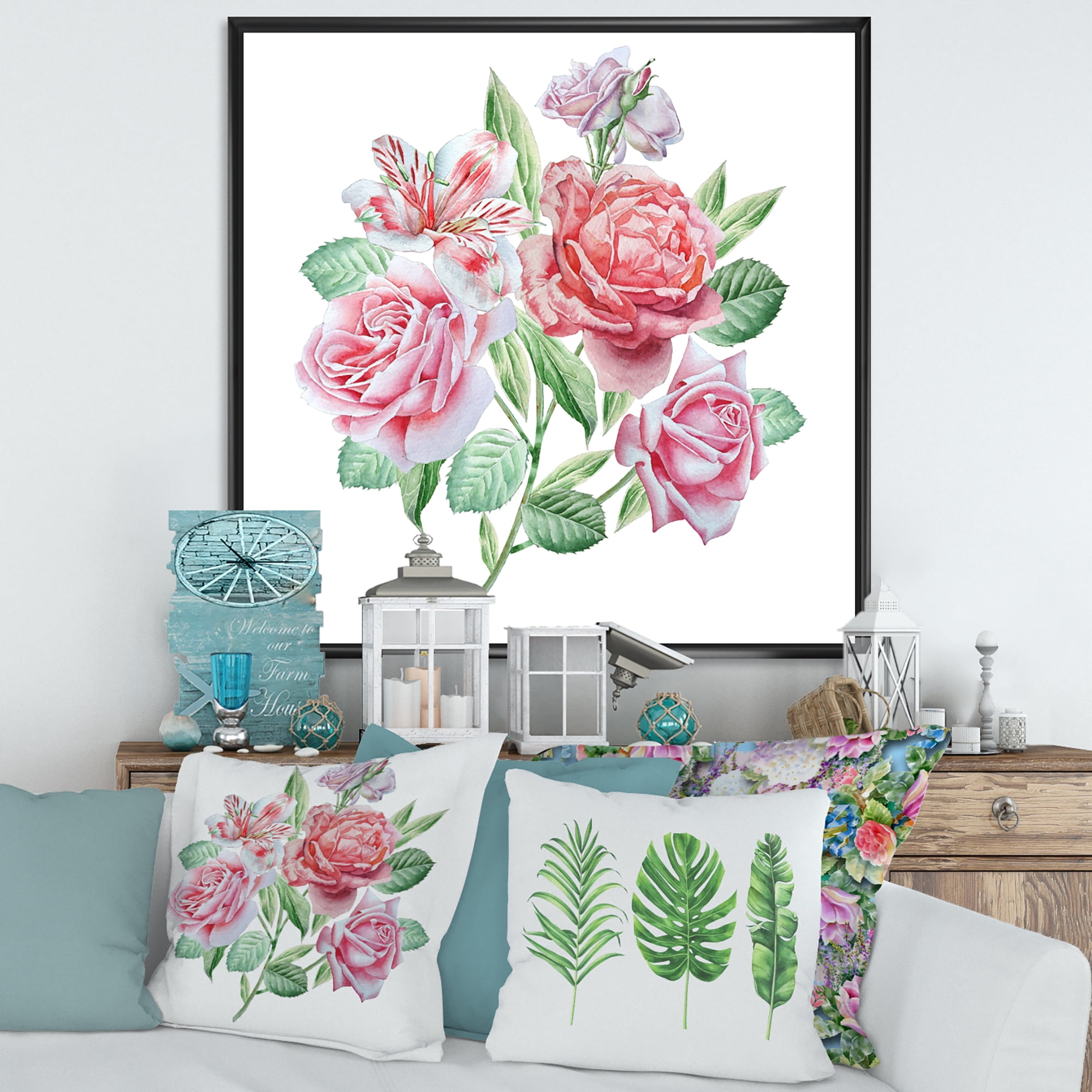 Designart 'Spring Flowers Alstroemeria Pink Roses' Traditional Framed Canvas Wall Art Print