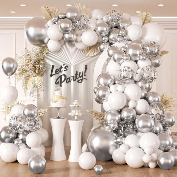 Silver and White Balloon Arch Kit, Metallic Silver and White Balloons for Wedding Anniversary Graduation Birthday Party Decoration