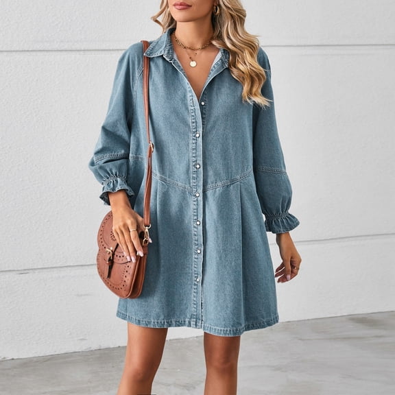 Women Loose Buttoned Cardigan Solid Color Washed Long Sleeve Patchwork Denim Dress Midi Skirt Dresses Casual Midi Length Dresses for Women Summer Dresses for Womens Casual Maxi Dress Maxi Dresses
