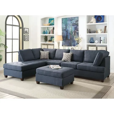 Contemporary Dark Blue Dorris Fabric Smooth Sectional Sofa Chaise 2pcs Set Tufting Couch Living Room Furniture