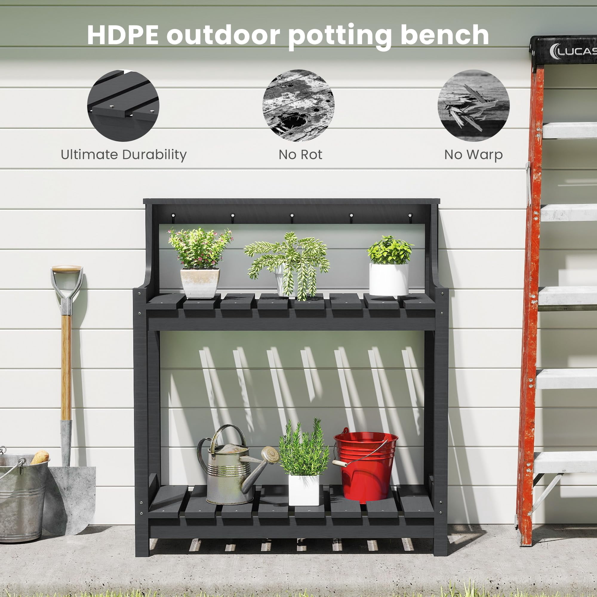 HDPE Potting Bench, All-Weather Outdoor Potting Table with 3-Tier Storage, 43.3” Ergonomic Height Garden Workstation for Patio Backyard Garden, Gray