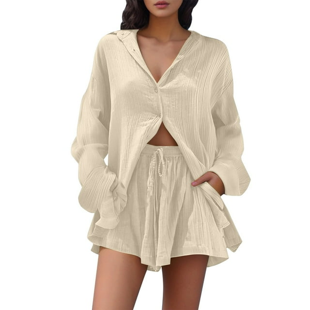 Conjunto de camisa de manga larga lisa y pantalones cortos para mujer: ropa informal de playa, cintura elástica, tallas S-XXL, contorno de pecho 130-146 cm