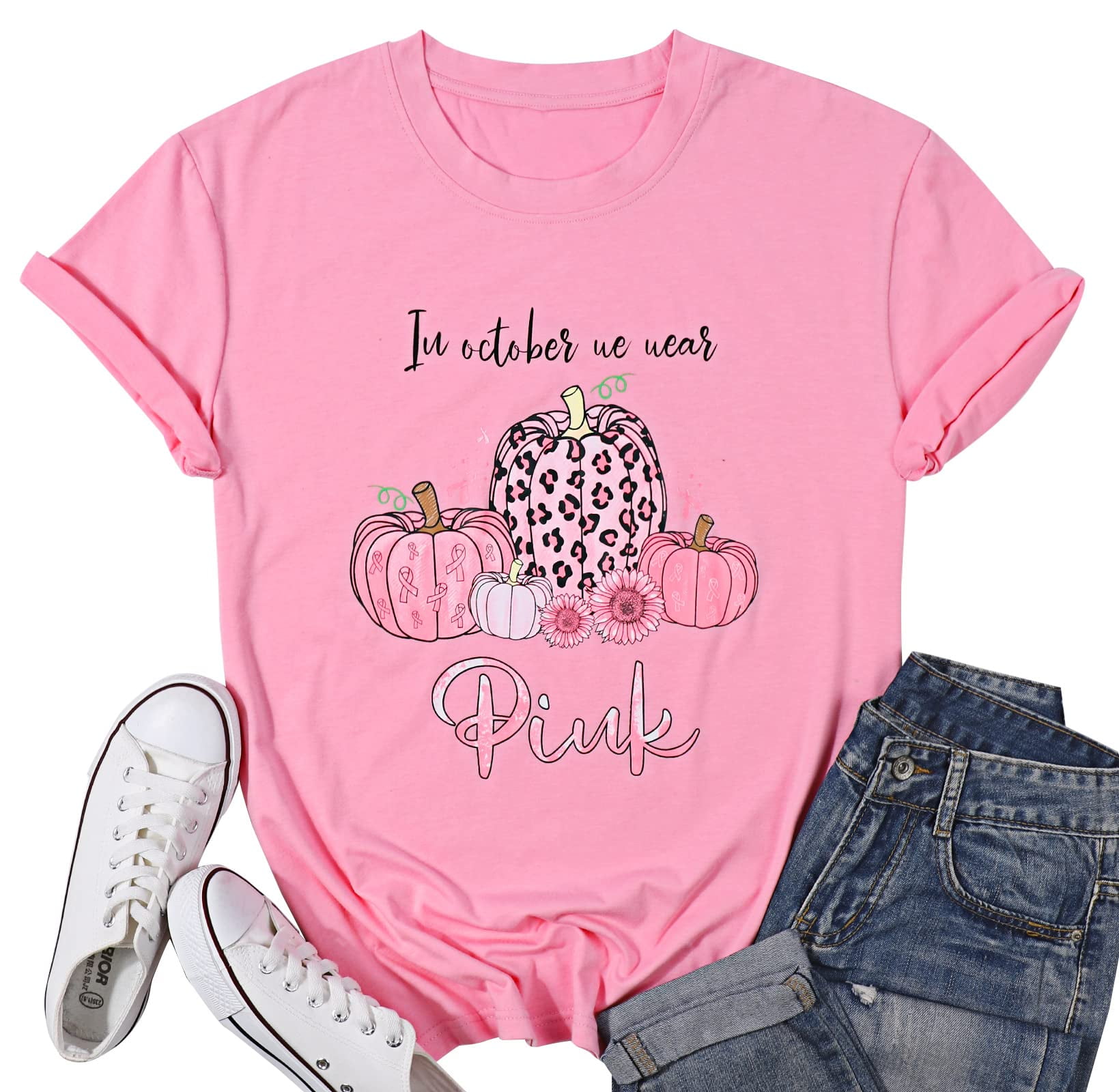 VILOVE in October We Wear Pink Pumpkin Graphic Tees Women Short Sleeve Halloween Shirts