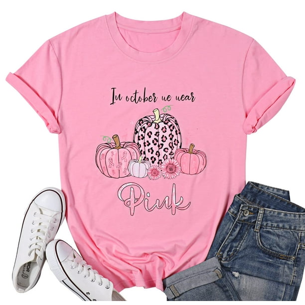 VILOVE in October We Wear Pink Pumpkin Graphic Tees Women Short Sleeve