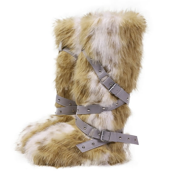 Women Winter Warm Fluffy Faux Mongolian Fur Knee High Snow Boots with Belt Rivets Girl's Style Flat Long Boots
