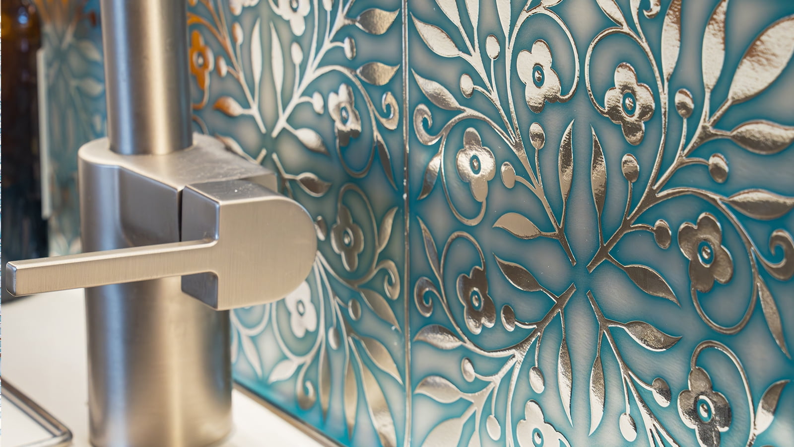 Main Street Peel and Stick Wallpaper Tiles 8 in x 8 in, 24-Pack , Teal and Silver Leaves Design, Self Adhesive Wall Tiles for Kitchen Backsplash and Home Decor