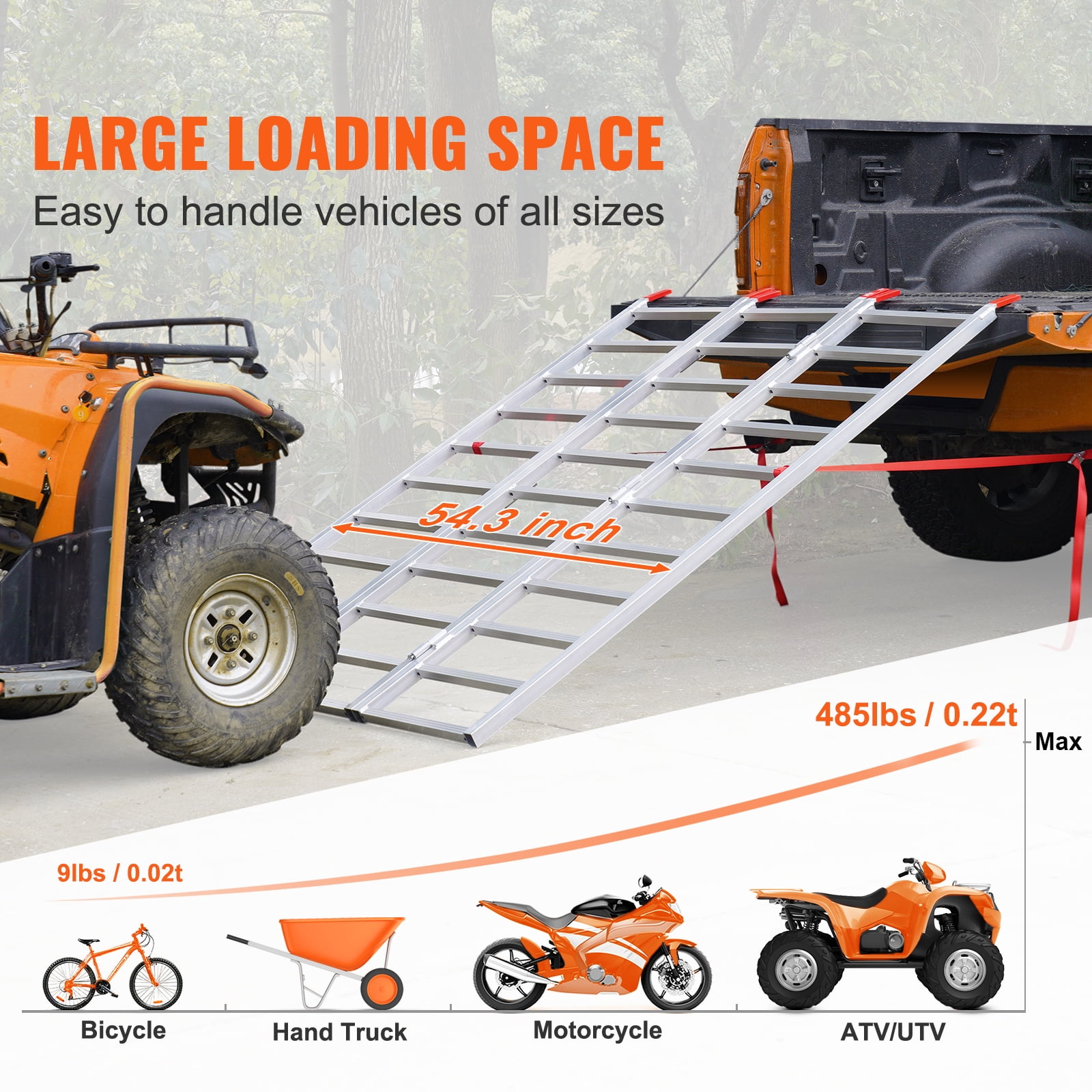 KFFKFF Aluminum Loading Ramps, 1500 lbs Capacity, Multi-Fold Design with Secure Straps for Motorcycles, Tractors, ATVs, Trucks, Lawn Equipment, Snow Machines, Dimensions 77"L x 54"W, Single Unit