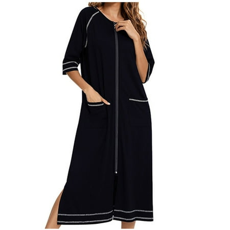 Umfun Womens Pajama Dress Solid Cotton Sleepwear Trim Short Sleeve Zipper Dress Matching Lounge Dress Sexy Lingerie with Pockets Black XL