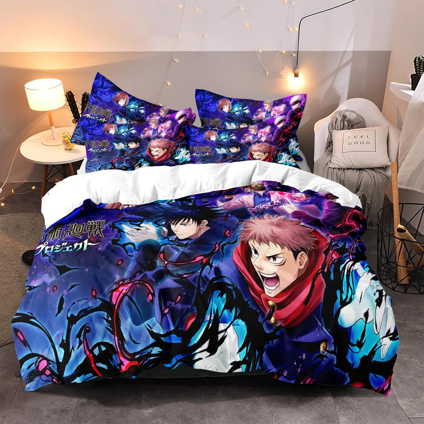 Anime Jujutsu Kaisen Duvet Cover Bedding Set,3D Anime Soft Comfortable Quilt Cover Twin Full Queen King Size with Pillowcases (Color 1, Twin)