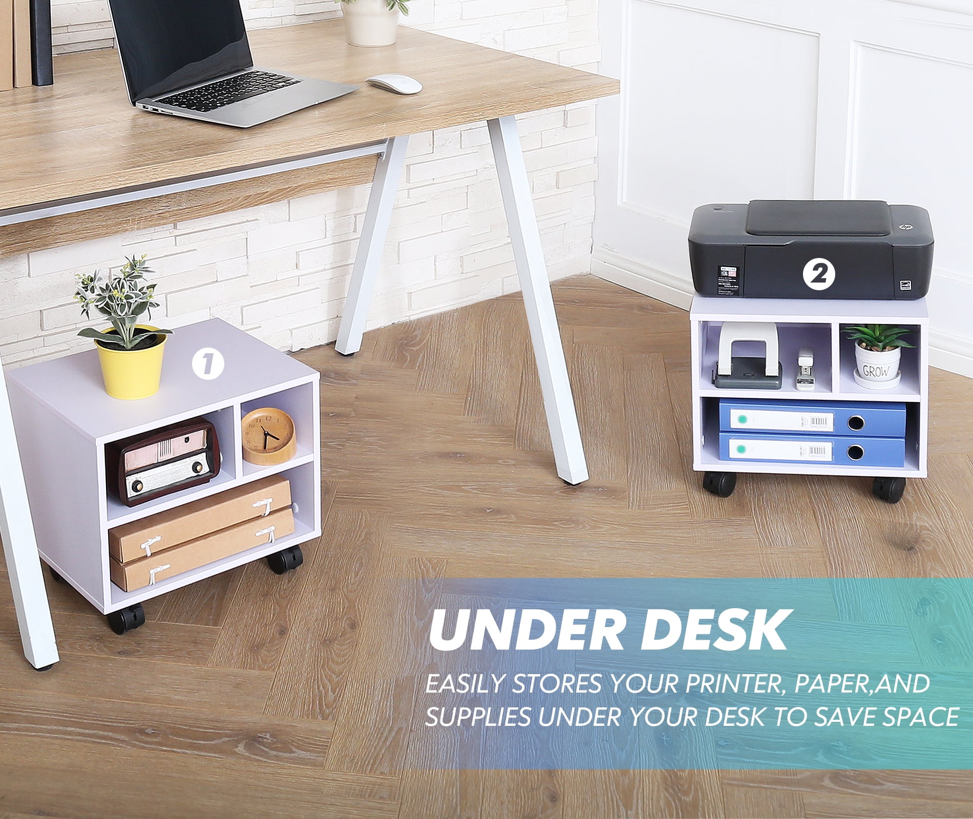 FITUEYES Printer Stand on Wheels Mobile Under Desk Work Cart, White