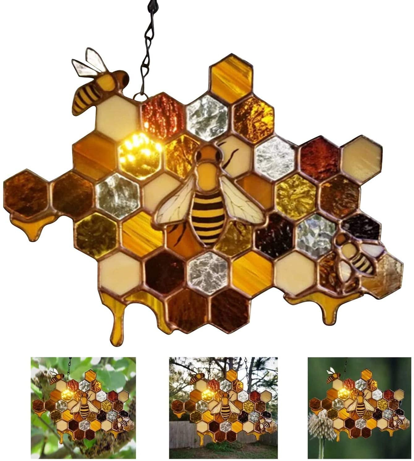 Trapezoid Amber Bee Window Sun Catcher Ornament,Spring Summer Garden Art Decoration Gifts for Mothers Day//Birthday//Housewarming Naladoo Bee Honeycomb Hanging Decor