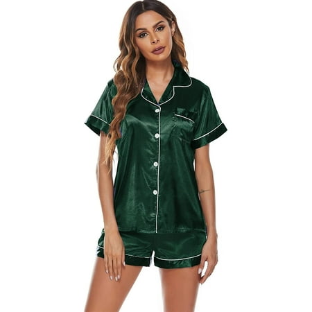 

QWZNDZG Women s Silk Satin Pajamas Set Short Sleeve Loungewear Soft & Breathable 2 Pieces Sleepwear
