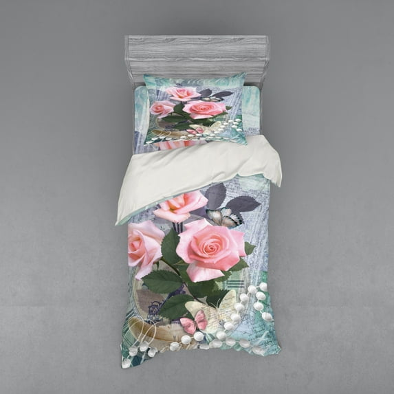 Ambesonne Floral Bedding Set 3 Pcs, Vintage Rose Romance, Twin XL, Pink Grey