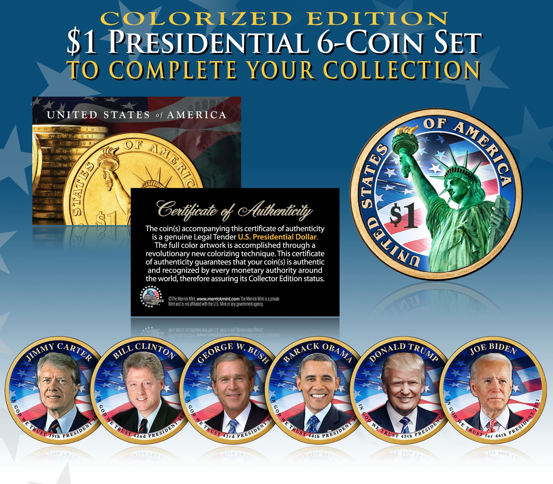 2014 MINT COLORIZED USA PRESIDENTIAL $1 DOLLAR 4 COIN SET Completed