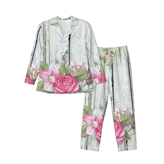 Fotbe Vintage Wood with Floral Pijama de Hombre con Estampado de Manga Larga, Conjunto de 2 Piezas, Ropa de Dormir Suave y Cómoda con Bolsillos-Large