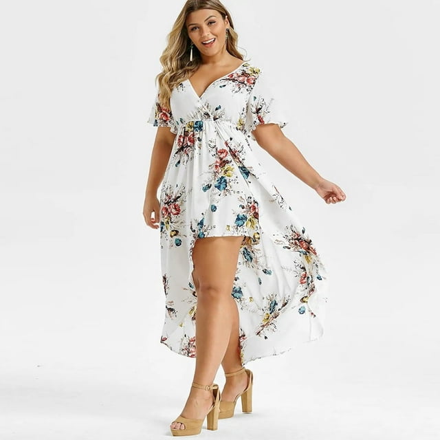 Robes Maxi pour Femmes Grande Taille Mode Décontractée à Imprimé Floral Col en V Manches Courtes Robes d'Été Taille Empire Robe Évasée Robe Mini
