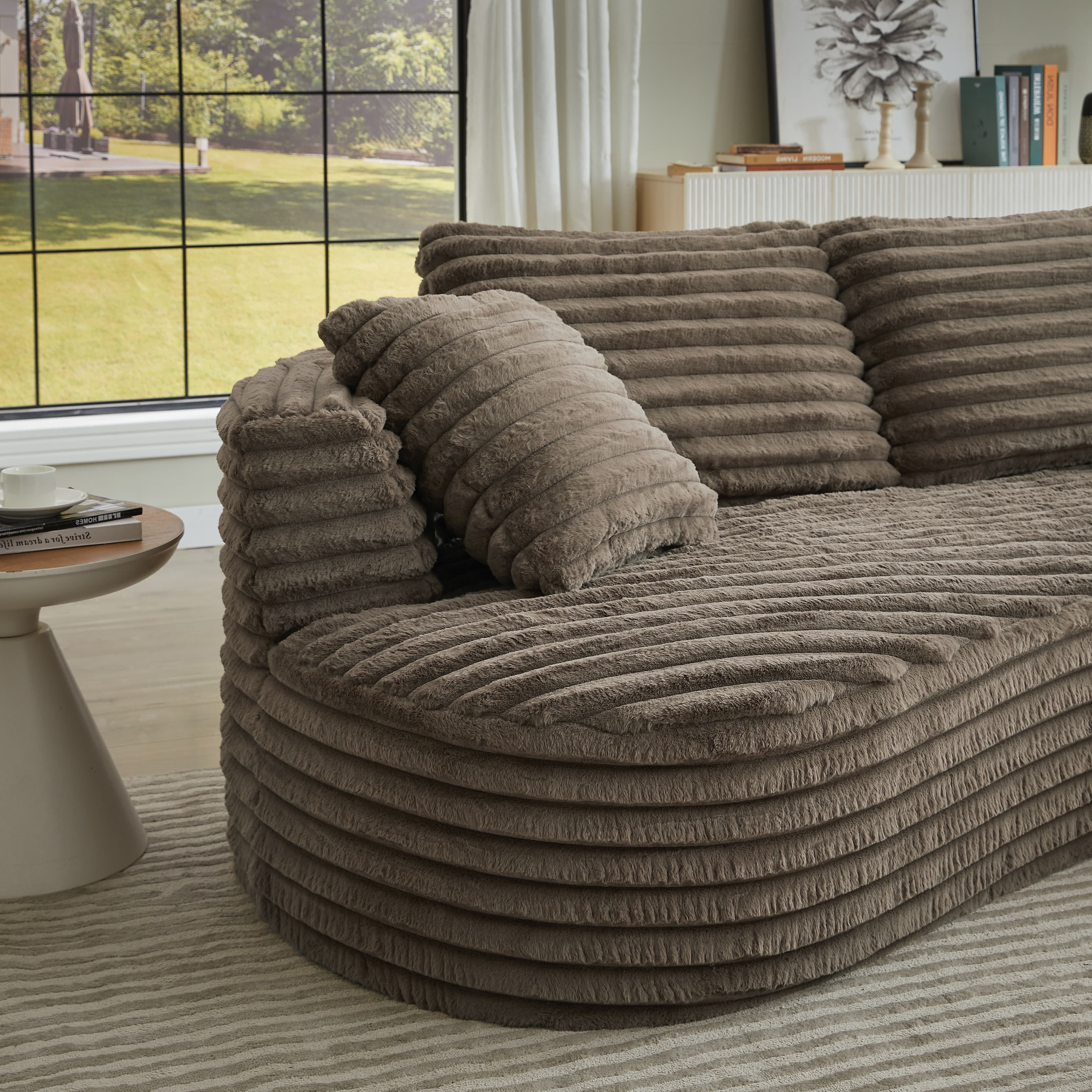 MAYEERTY 120.9" Brown Corduroy Curved L Modular Sectional Sofa, Pocket Spring No Assembly Couch for Living Room Reception