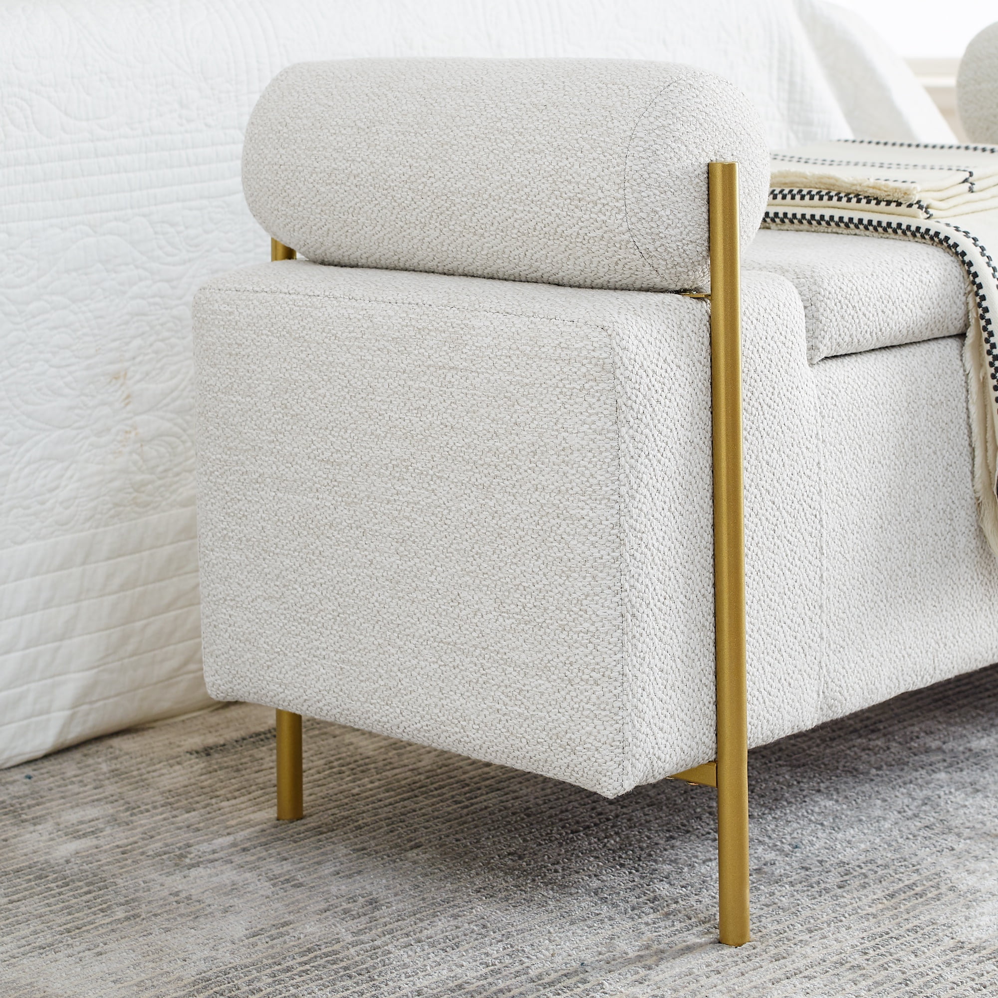 PORKISS 44” Storage Bench, Linen Upholstered Storage Ottoman with Metal Legs, Modern Long End of Bed Seat with Cylindrical Arms for Living Room, Bedroom, Entryway, White