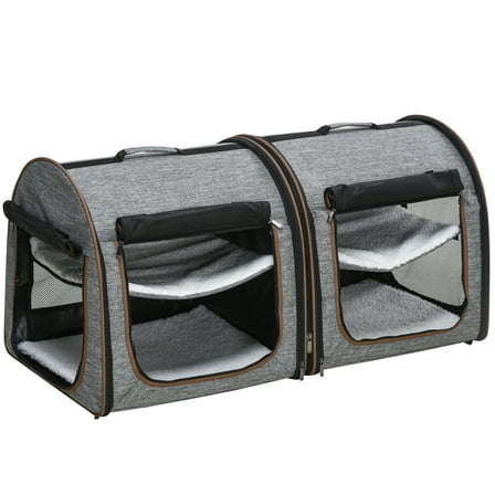 Noaman PawHut 39" Portable Soft-Sided Pet Cat Carrier with Divider, Two Compartments, Soft Cushions & Storage Bag, Gray