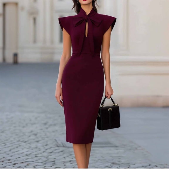 Karymi Solid Bow Tie Mock Neck Cap Sleeve Midi Bodycon Dress, Keyhole Front Slim Pencil Dress Elegant Office Business Party Dress Spring Dresses