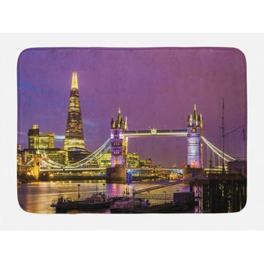 London Bath Mat, Tower Bridge in London at Night Historical Cultural Monument Europe British Urban, Non-Slip Plush Mat Bathroom Kitchen Laundry Room Decor, 29.5 X 17.5 Inches, Purple Yellow, Ambesonne