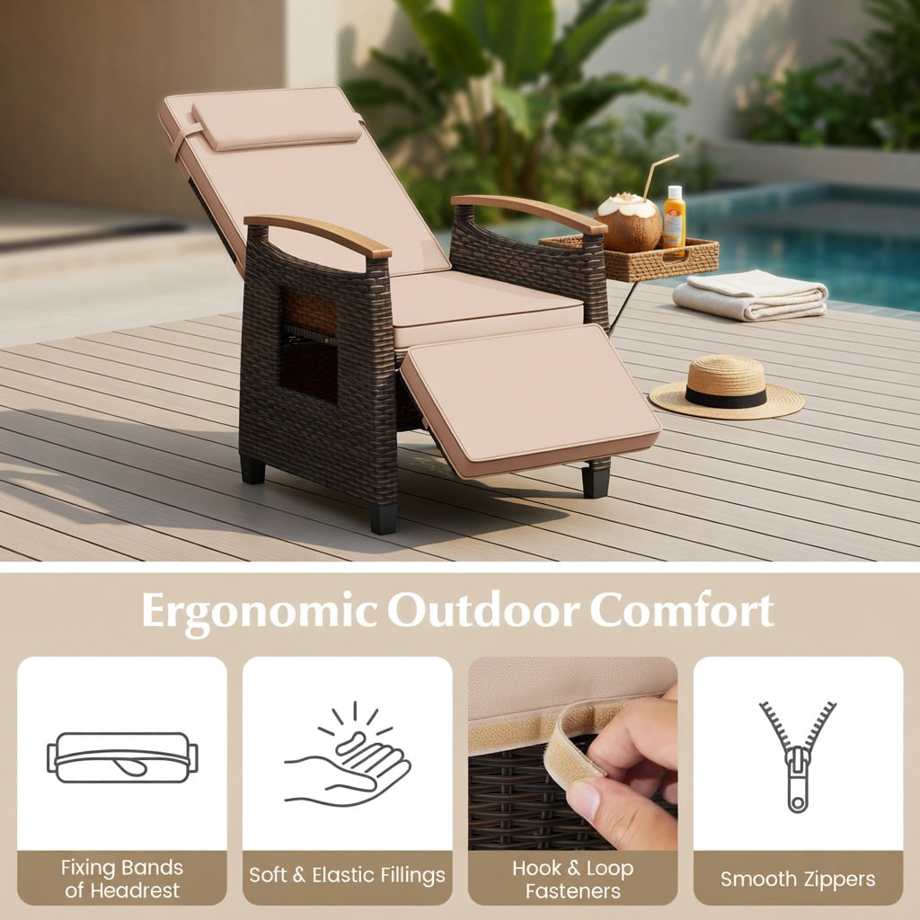 Hommoo Adjustable Wicker Recliner Chair with Footrest & Side Table, PE Rattan Outdoor Patio Lounge Chair, Brown