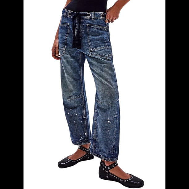 Pantalones Vaqueros Holgados de para Mujer, de Tiro Bajo, con Parches y Pernera y Bolsillos. Salpicaduras de Tinta L