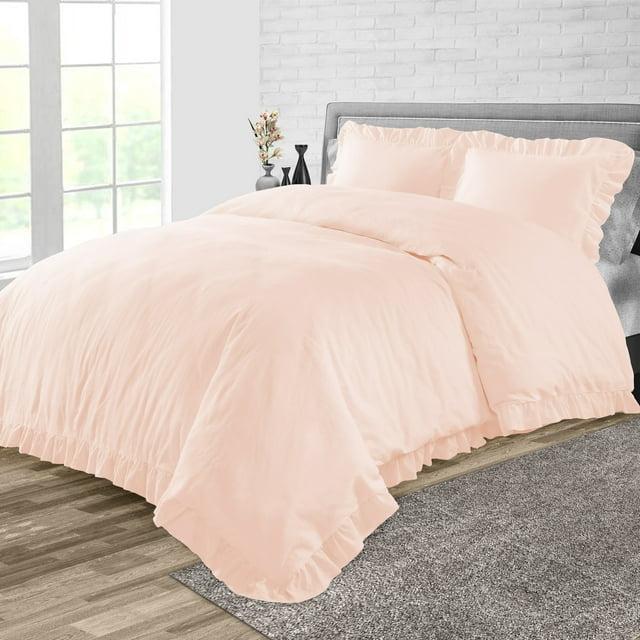 Dee's Collection Oversized Queen Size 3 Psc Microfiber Duvet Cover Trimmed Ruffle -Peach
