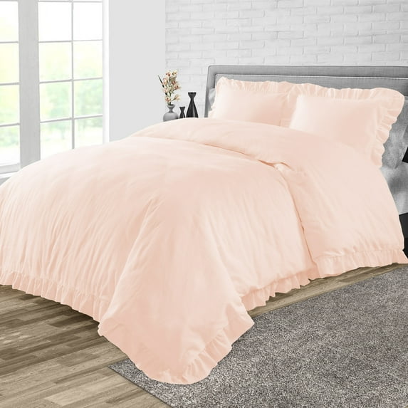 Duvet Cover 3 Piece Egyptian Cotton Cozy & Breathable 600 Thread Count Trimmed Ruffle Duvet Covers with Zipper Closure & Corner Ties Soft Comforter Cover (Twin/Twin XL, Peach )