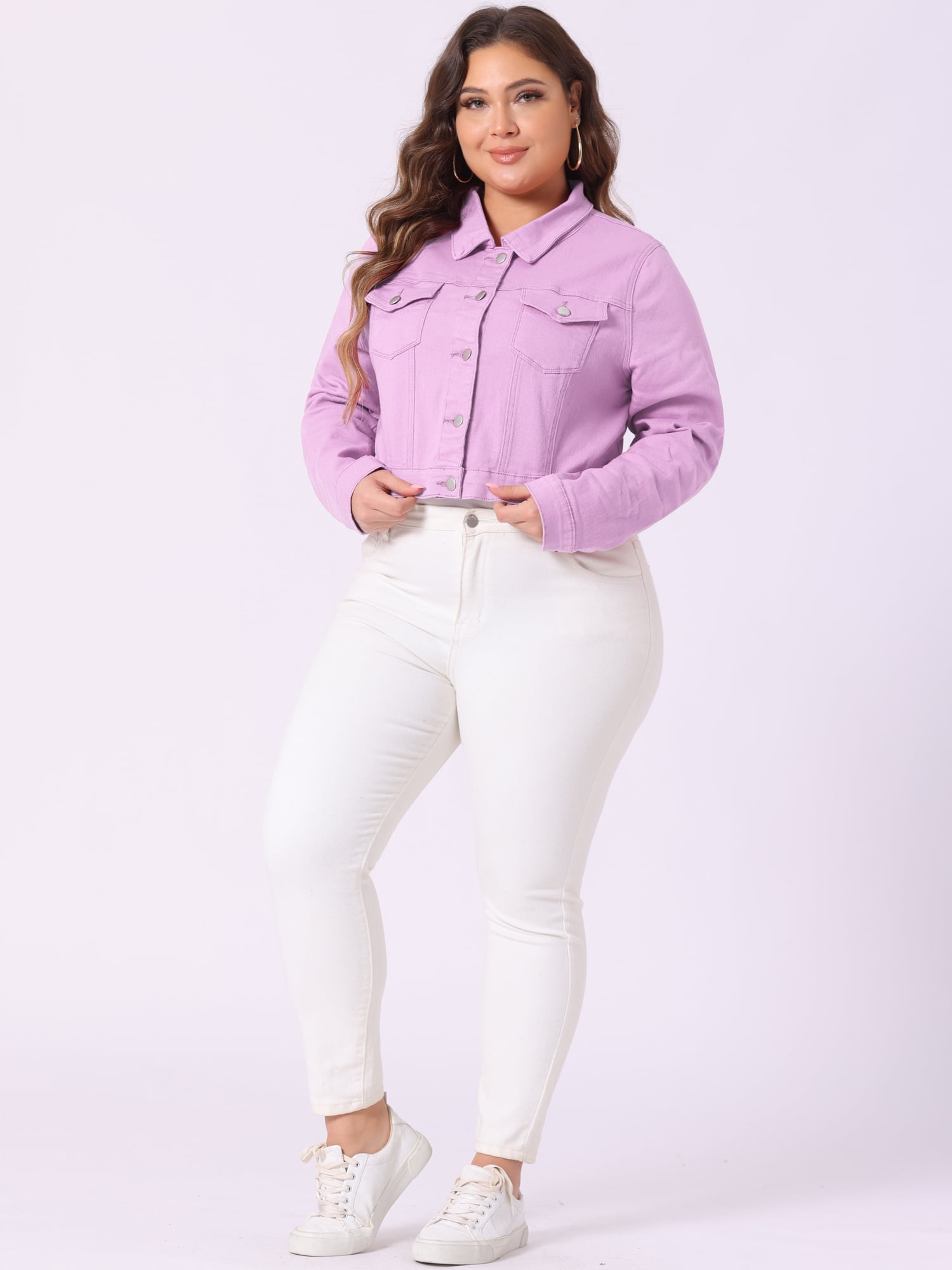 DARING DIVA Women's Plus Button Closed Cropped Denim Jacket 2X Light Purple