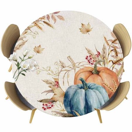Orange Blue Pumpkin Fall Round Tablecloth Fitted Table Cover with Elastic for 36 -44 Round Tables Thanksgiving Wheat Botanical Vintage Table Cloth Outdoor Dinning Party Waterproof Tablecloths