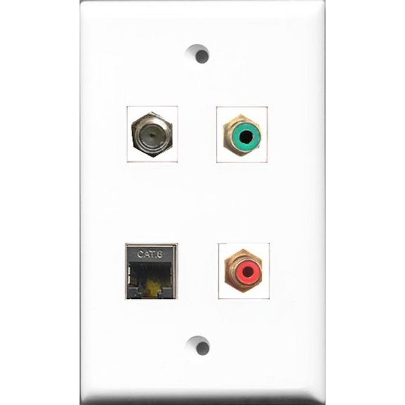 RiteAV 1 Port RCA Red and 1 Port RCA Green and 1 Port Coax Cable TV- F-Type and 1 Port Shielded Cat6 Ethernet Wall Plate