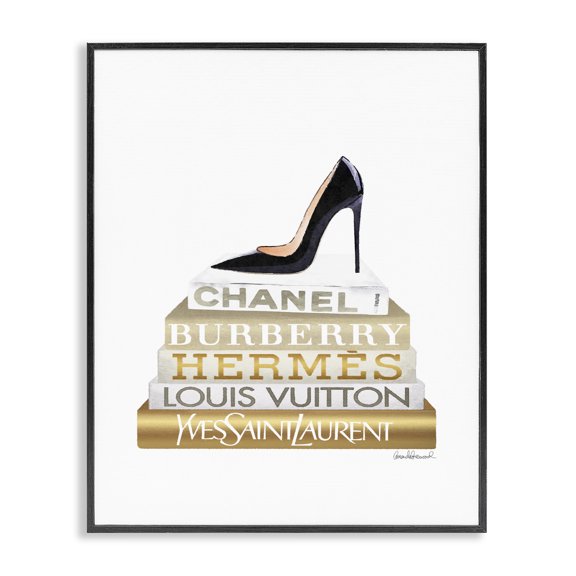 Stupell Industries Glam Black Heels Gold White Bookstack Black Framed Giclee Art, 11 x 14, by Amanda Greenwood