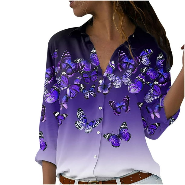 Mujeres Casual Turndown Collar Impreso Suelto Manga Larga Tops Blusa Botones Cardigan Odeerbi ODB-6
