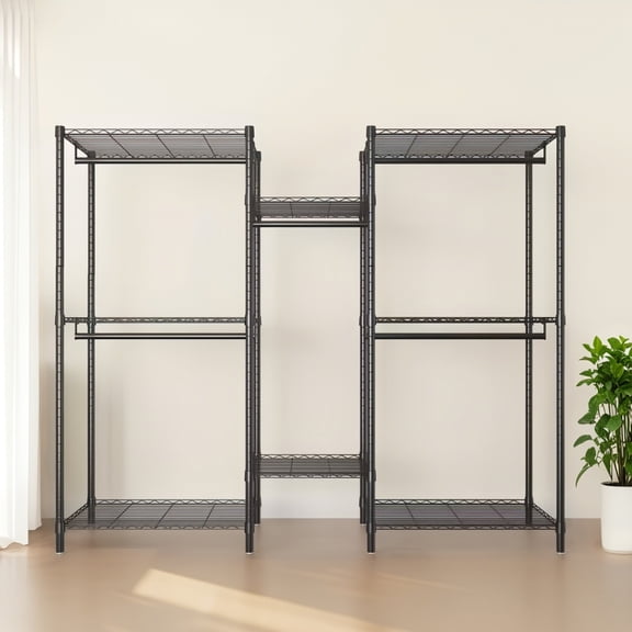 TENGDA Heavy Duty Black Garment Rack Freestanding Adjustable Wire Shelving Closet Organizer with 8 Shelves & 5 Hanging Rails Portable Wardrobe Storage Clothes Rack