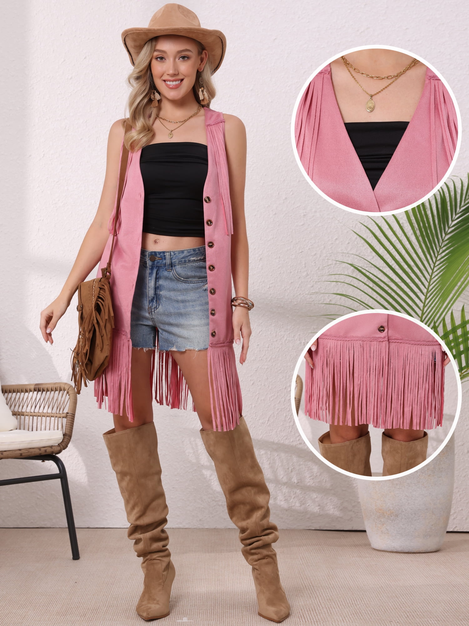 DARING DIVA Women's Sleeveless V Neck Button Down Faux Suede Fringe Vest S Pink