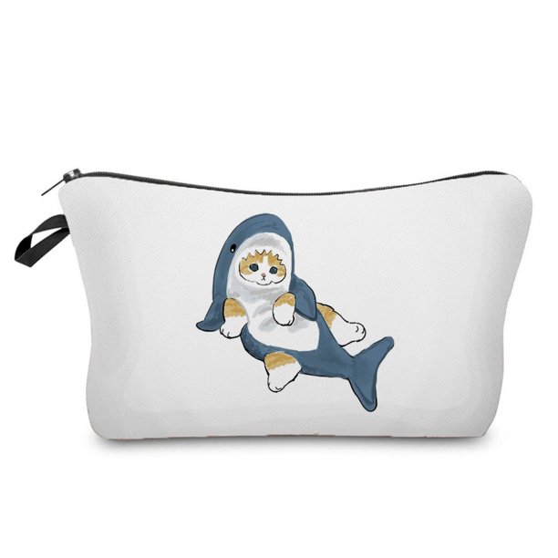Bolsa de maquillaje con estampado de tiburón y gato para mujer, neceser de viaje, bolsa de aseo Fivean unisex