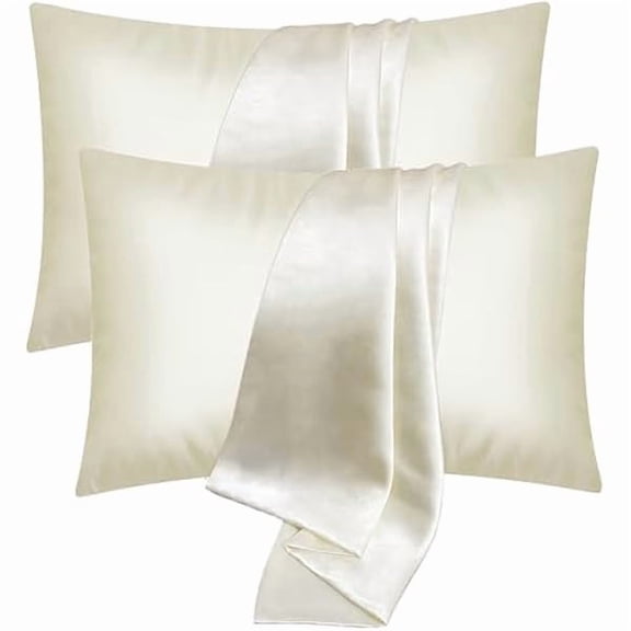 Satin Pillow Cases 2 Pack, Polyester Satin Pillowcase for Hair and Skin, Pillow Cases Standard Size, Super Soft Pillow Case with Envelope Closure (Cream, 50 x 75 cm)