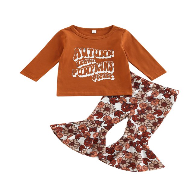 Toddler Baby Girl Spring Clothes Set Letter Print Long Sleeve Crew Neck Tops + Elastic Waist Flower Flare Trousers