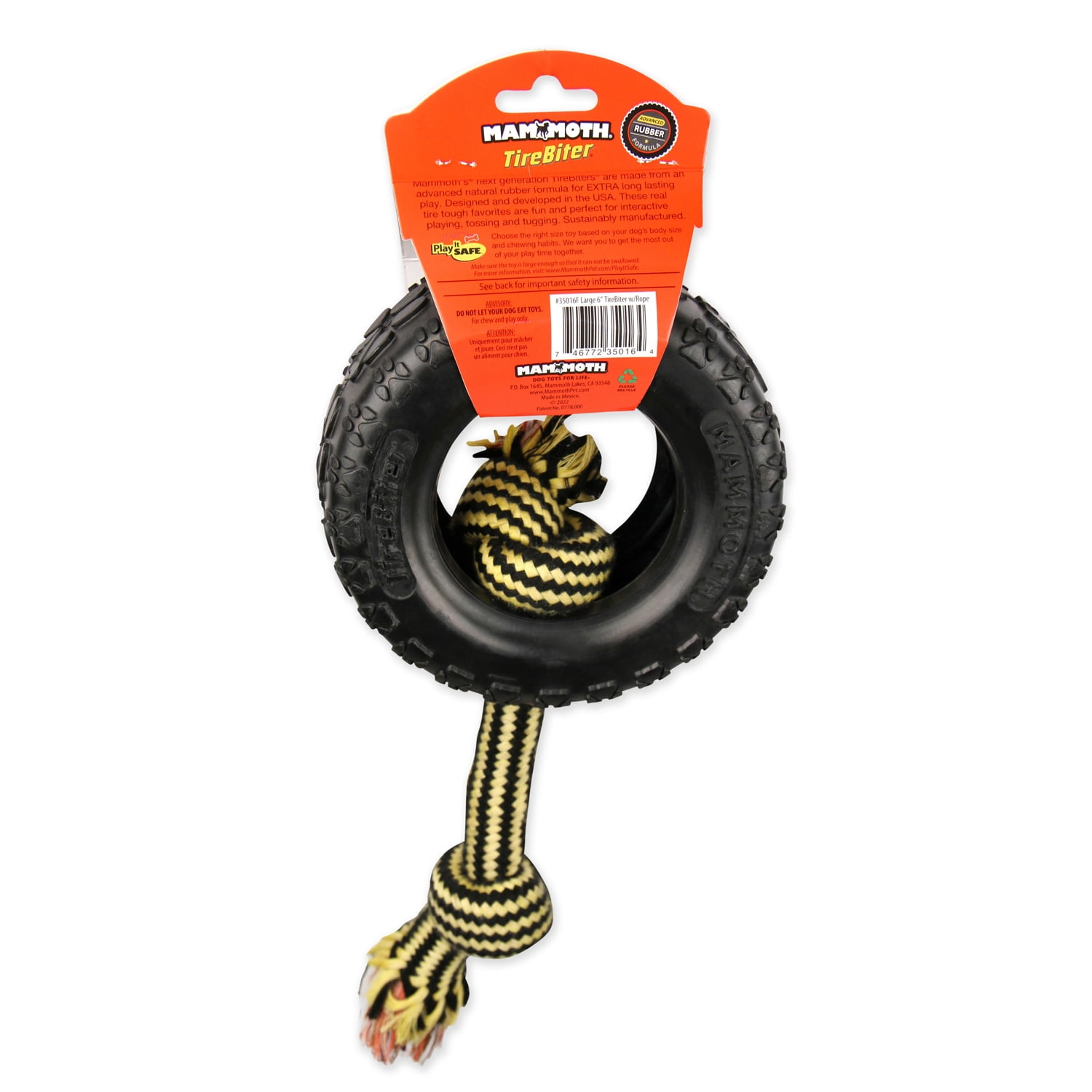 Mammoth TireBiter Advanced Rubber Dog Toy with Cottonblend Assorted Color Rope, Large, 6"