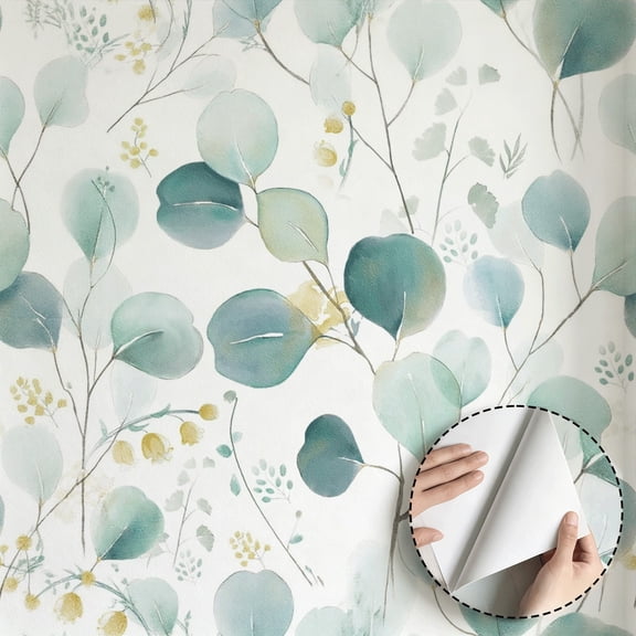 Watercolor Eucalyptus Leaf Wallpaper Modern Minimalist Aesthetic Peel and Stick Wallpaper Waterproof Home Decor for Bedroom Living Room Bathroom Kitchen Cabinet Rental Property 17.7 * 118 in