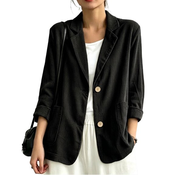 Yfalhf Women's Corduroy Blazer Jacket, Vintage Casual Lapel Button‑Down Outerwear for Fall Winter Daily Wear,Black,L