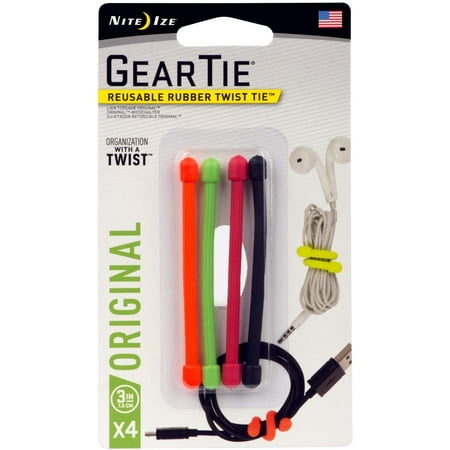 

Nite Ize GT3-4PK-A1 Original Gear Reusable Rubber Twist Tie Made in The USA 3-Inch 3 - 4-Pack Assorted Colors 4 Count